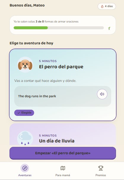 Pantalla de inicio: la aventura de hoy, con la racha y el progreso
